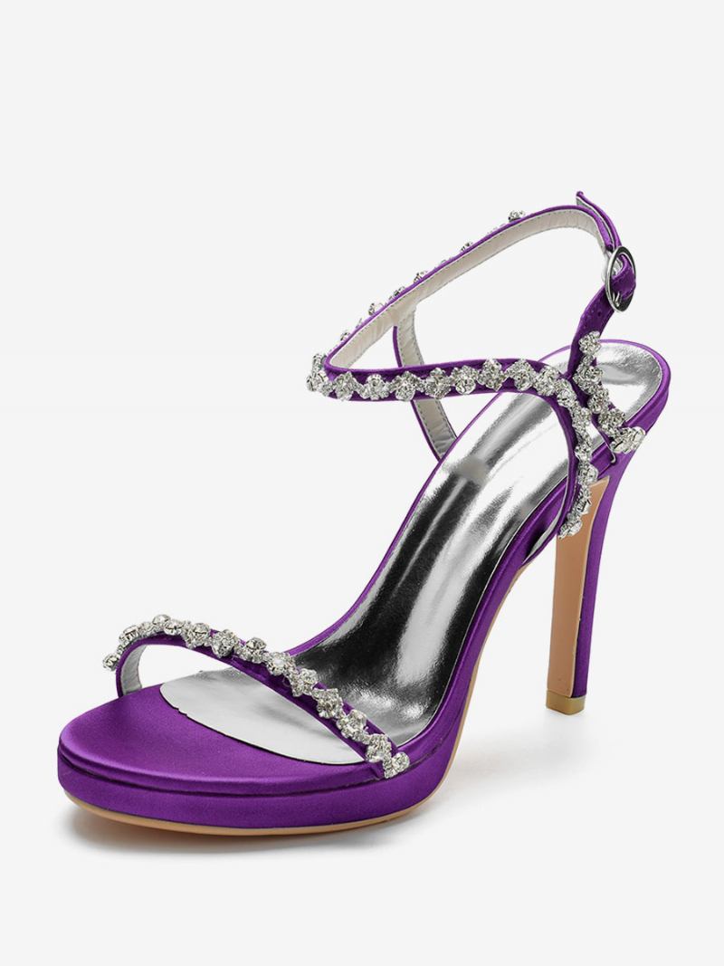 Sapatos Femininos Cetim Para Casamento Bico Aberto Strass Fivela Salto Agulha Sandálias Noiva - Roxo