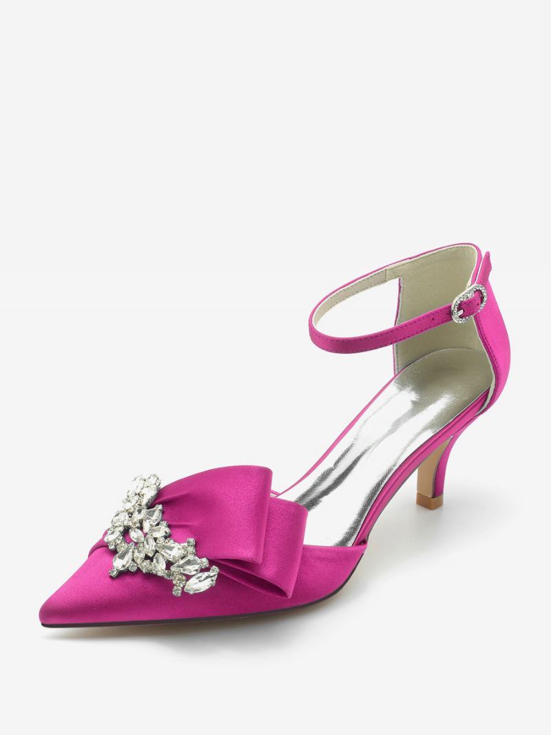 Sapatos Femininos Cetim Para Casamento Bico Fino Strass Salto Gatinho Bombas Noiva - Rosa