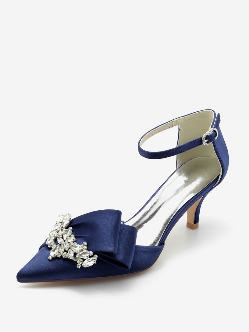 Sapatos Femininos Cetim Para Casamento Bico Fino Strass Salto Gatinho Bombas Noiva - Azul Profundo