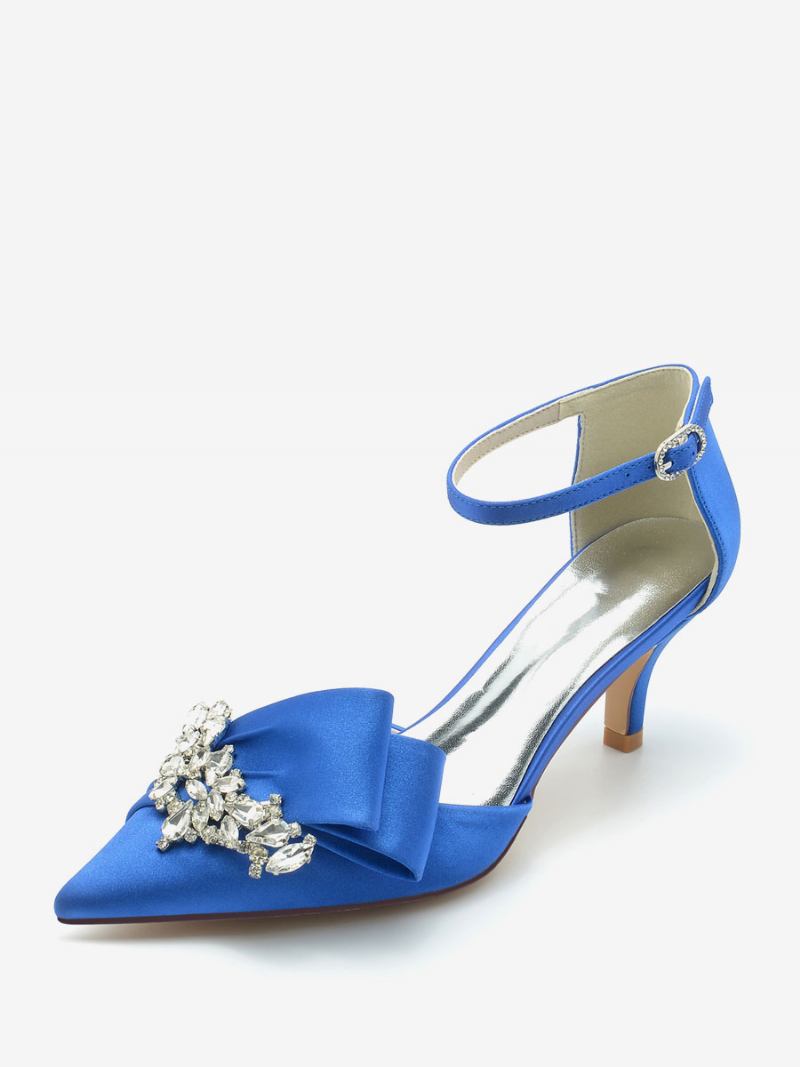 Sapatos Femininos Cetim Para Casamento Bico Fino Strass Salto Gatinho Bombas Noiva - Azul Royal