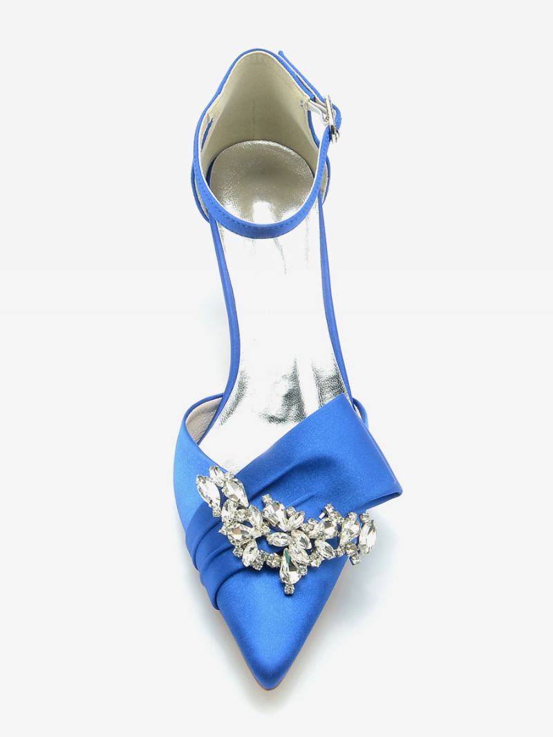 Sapatos Femininos Cetim Para Casamento Bico Fino Strass Salto Gatinho Bombas Noiva - Azul Royal