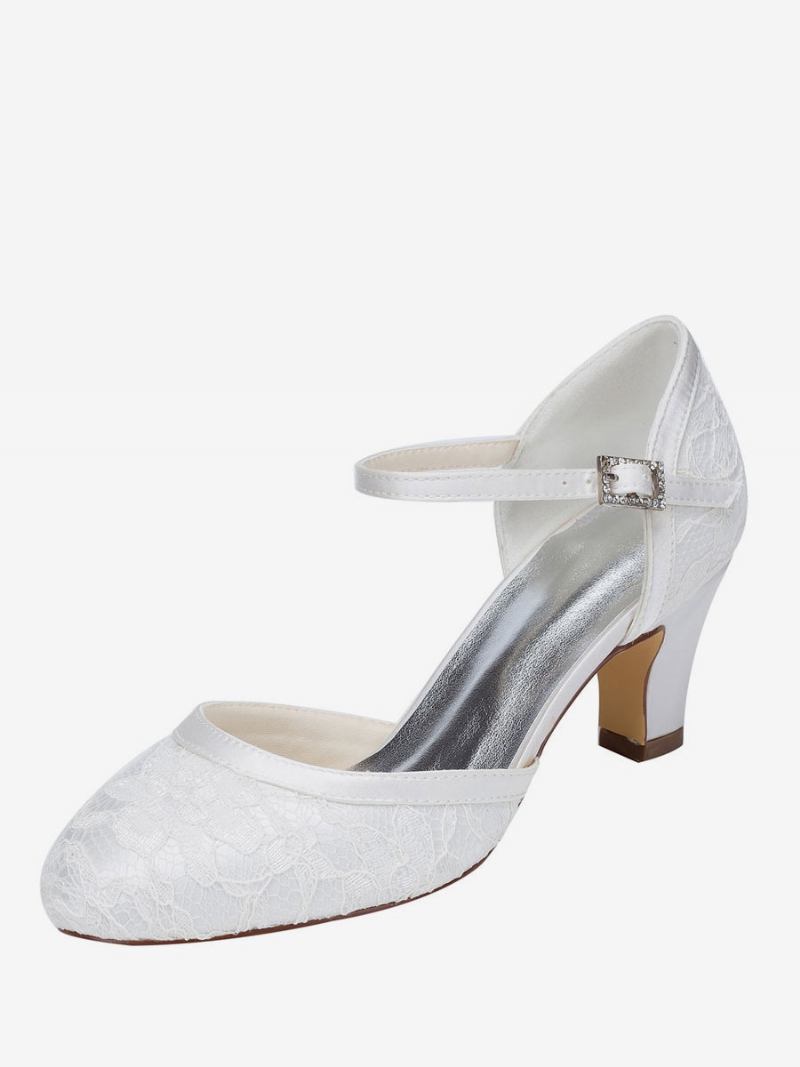 Sapatos Femininos Elegantes Duas Partes Para Casamento Renda Branca Bico Redondo Salto Grosso Noiva - Branco