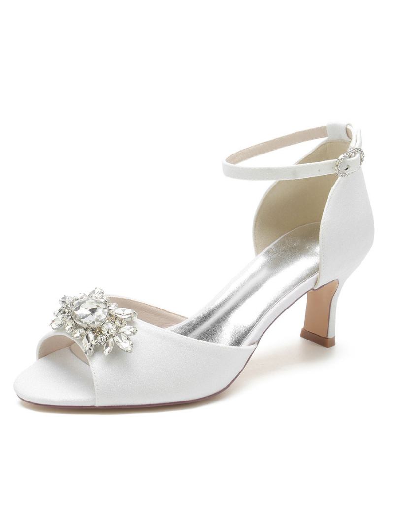 Sapatos Femininos Noiva Com Tira No Tornozelo E Salto Grosso Sandálias Peep Toe - Branco