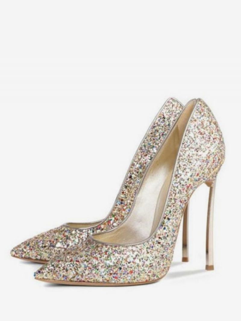 Sapatos Femininos Salto Alto Com Glitter E Para Noite - Ouro Claro