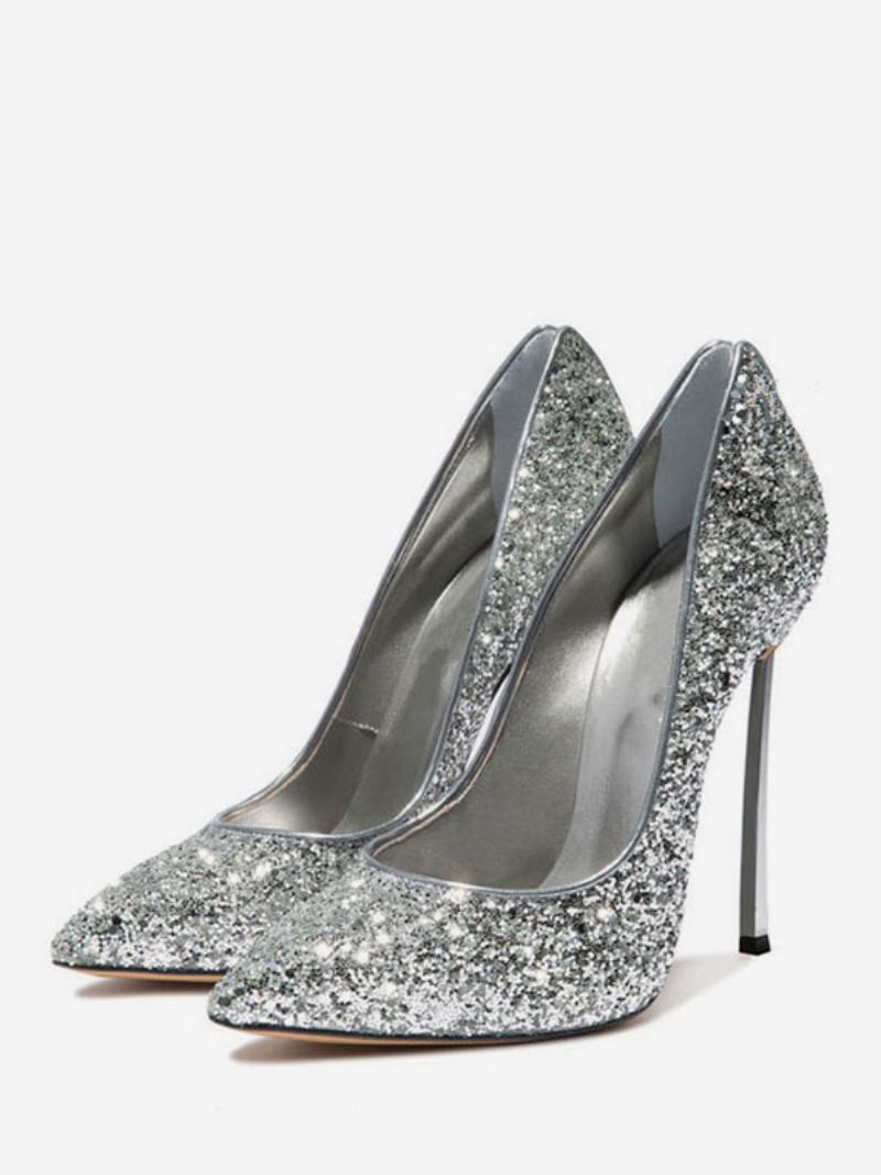 Sapatos Femininos Salto Alto Com Glitter E Para Noite - Prata