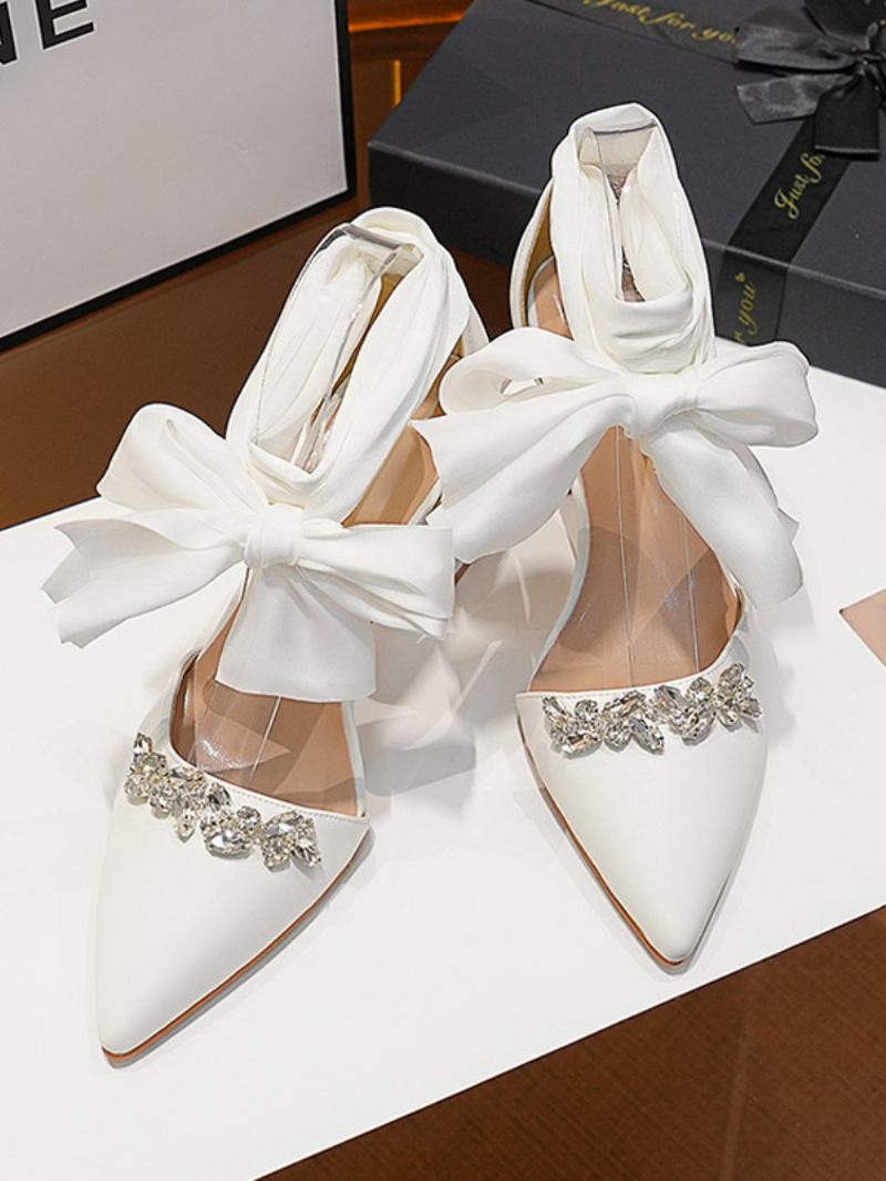 Sapatos Femininos Salto Bloco Para Casamento Bico Ponteagudo Branco Strass Tira No Tornozelo Noiva - Branco