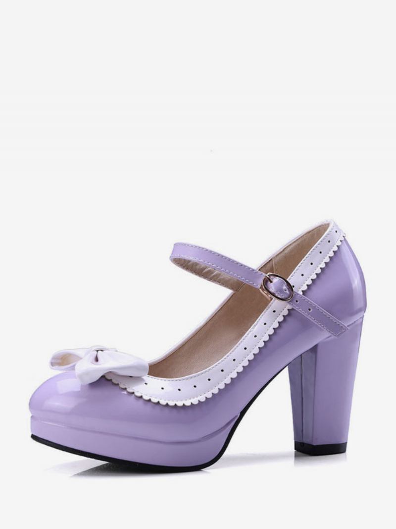 Sapatos Femininos Vintage Pretos Com Bico Redondo E Laços Mary Jane - Roxo