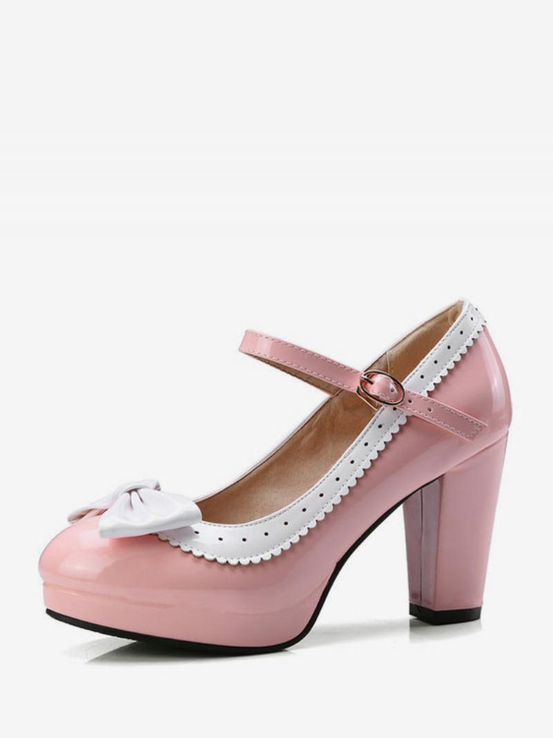 Sapatos Femininos Vintage Pretos Com Bico Redondo E Laços Mary Jane - Rosa