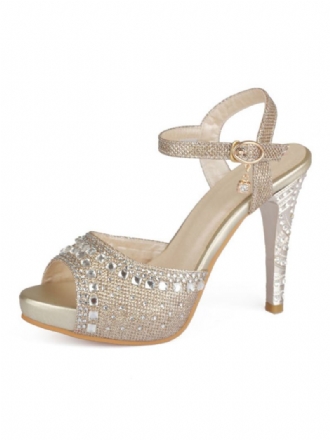 Sapatos Noite Dourados Femininos Com Strass Peep Toe Sandálias Salto Alto Para Mãe Da Noiva