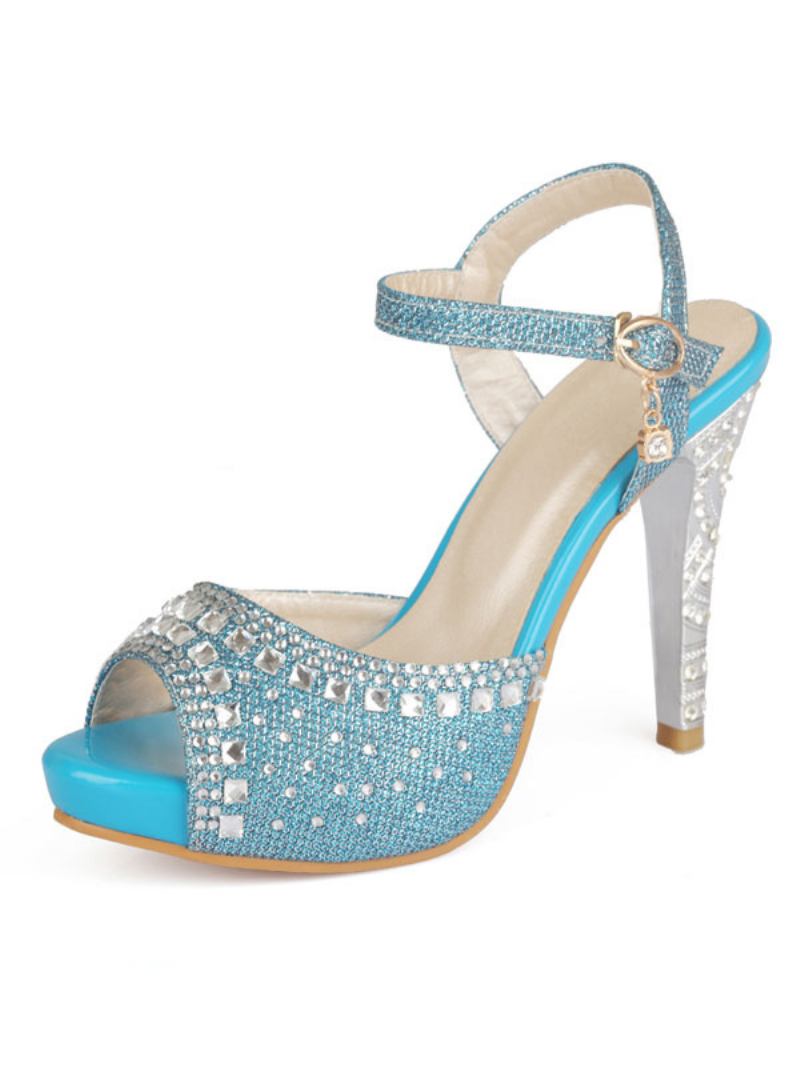 Sapatos Noite Dourados Femininos Com Strass Peep Toe Sandálias Salto Alto Para Mãe Da Noiva - Azul