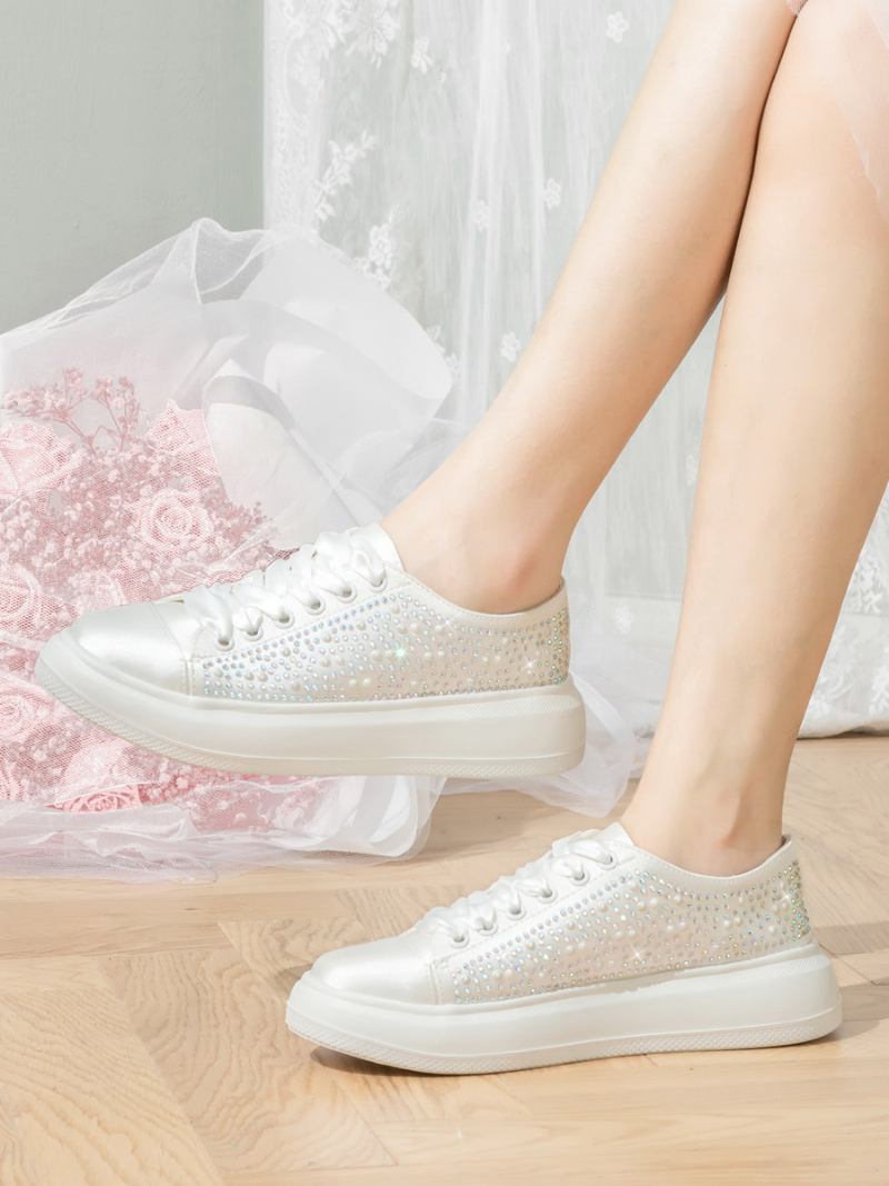 Sapatos Noiva Baixos Femininos Bico Redondo Com Cadarço Strass Casamento - Marfim