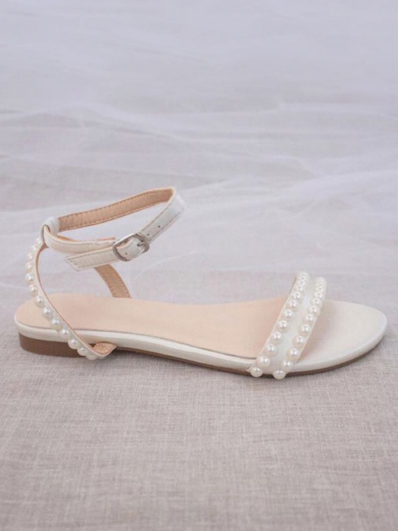 Sapatos Noiva Baixos Femininos Brancos Com Pérolas Abertas - Branco