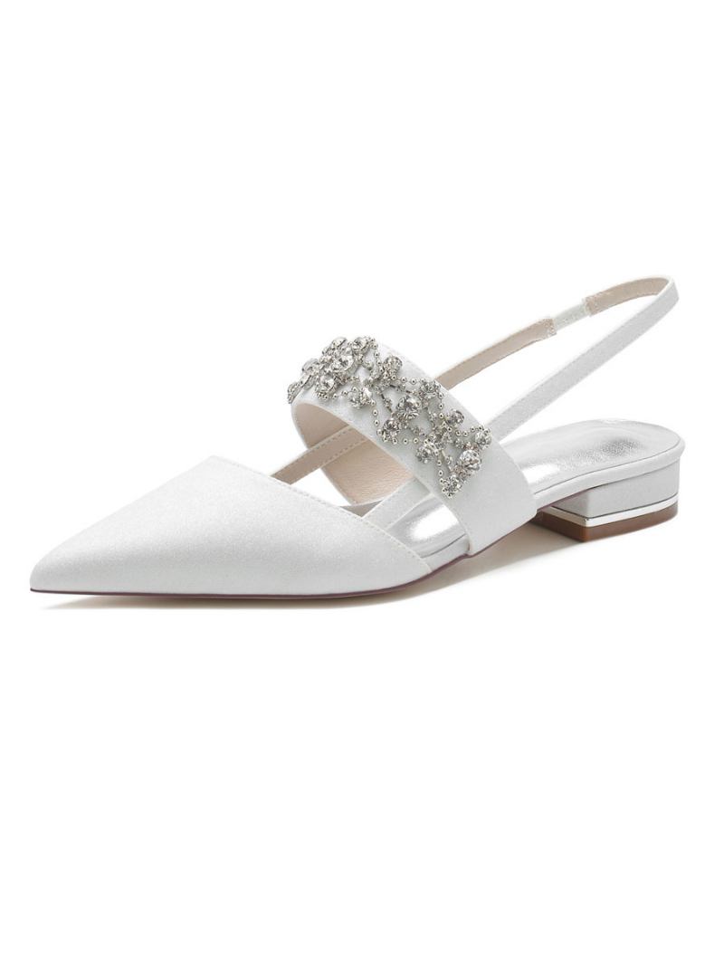 Sapatos Noiva Baixos Femininos Com Strass E Estilingue - Branco