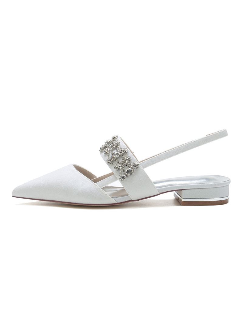 Sapatos Noiva Baixos Femininos Com Strass E Estilingue - Branco