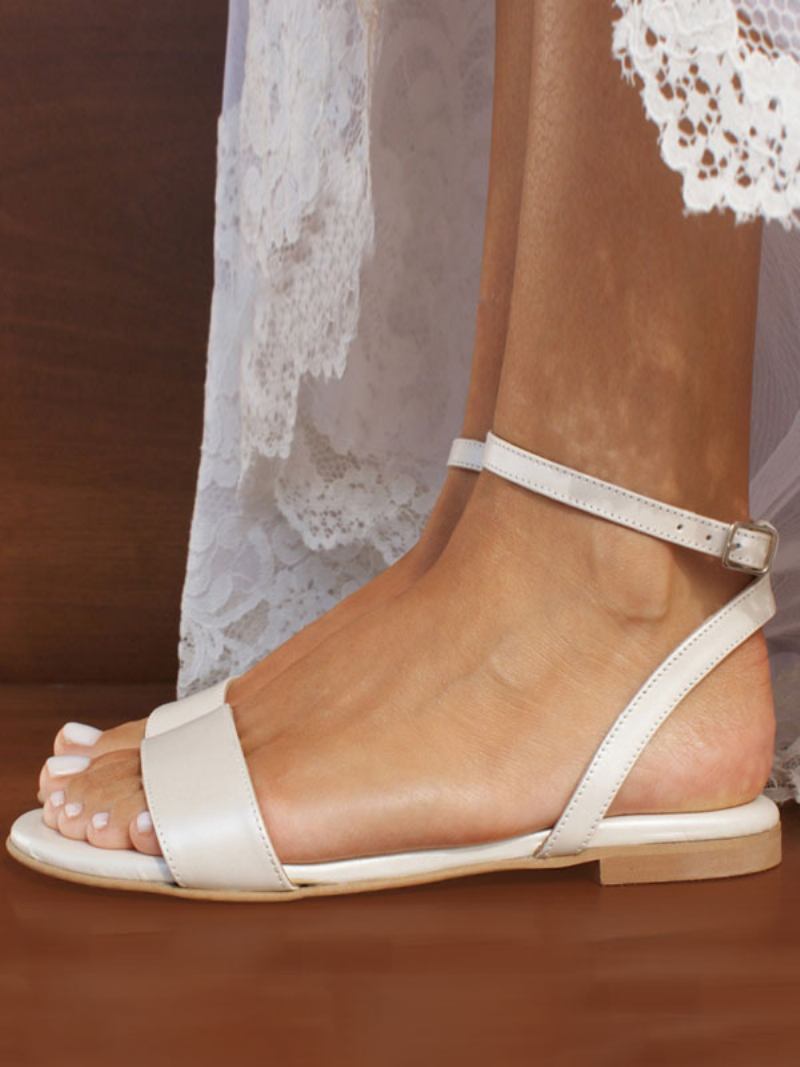 Sapatos Noiva Brancos Femininos Com Dedo Aberto E Alça Tornozelo Casamento Planos - Branco