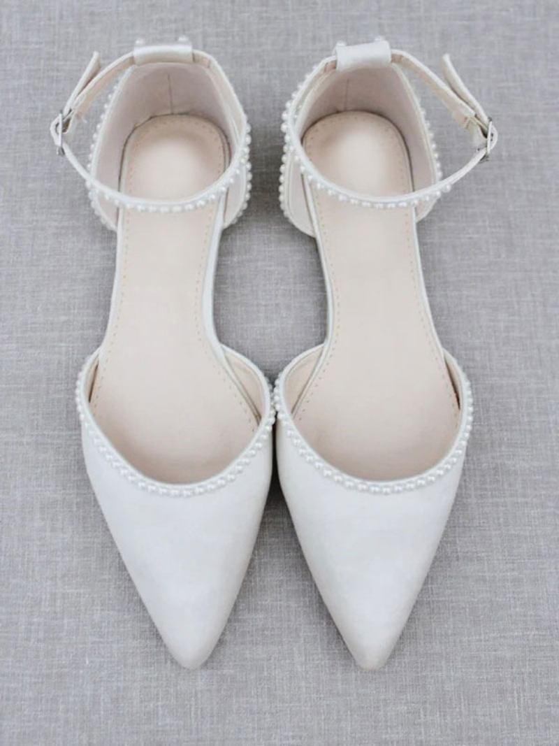 Sapatos Noiva Brancos Femininos Couro Pu Bico Fino Pérolas Sapatilhas - Branco