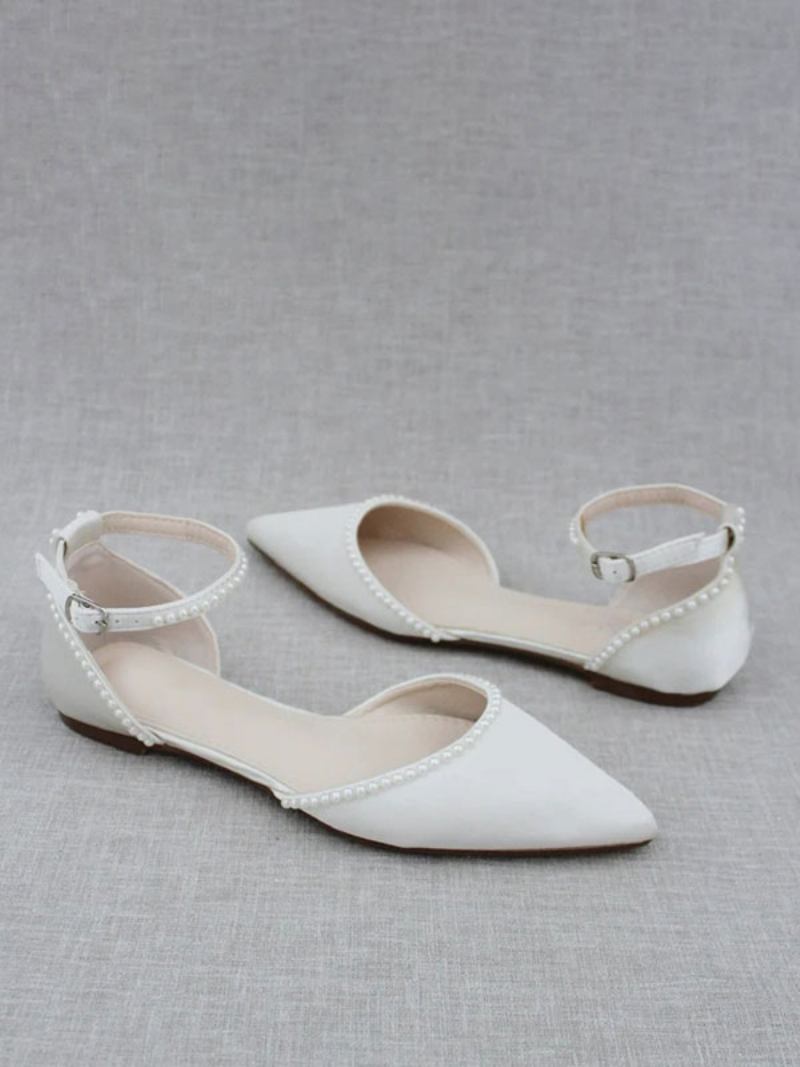 Sapatos Noiva Brancos Femininos Couro Pu Bico Fino Pérolas Sapatilhas - Branco