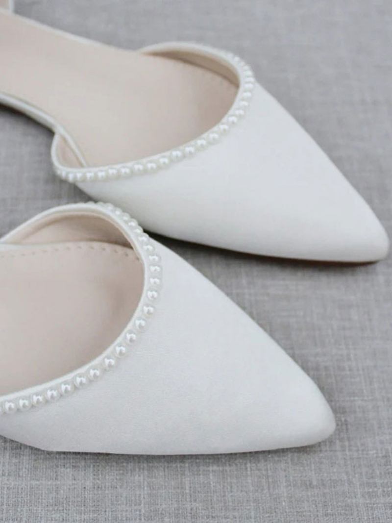 Sapatos Noiva Brancos Femininos Couro Pu Bico Fino Pérolas Sapatilhas - Branco