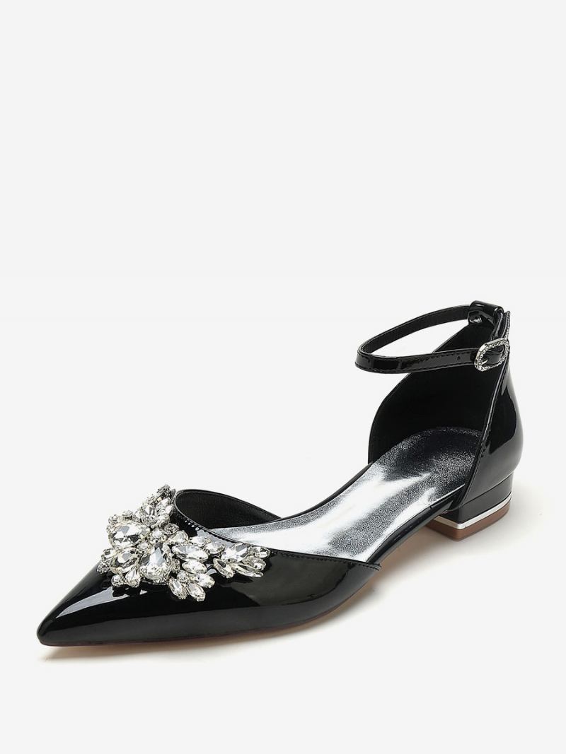 Sapatos Noiva Femininos Apartamentos Patente Pu Com Strass Bico Fino - Preto