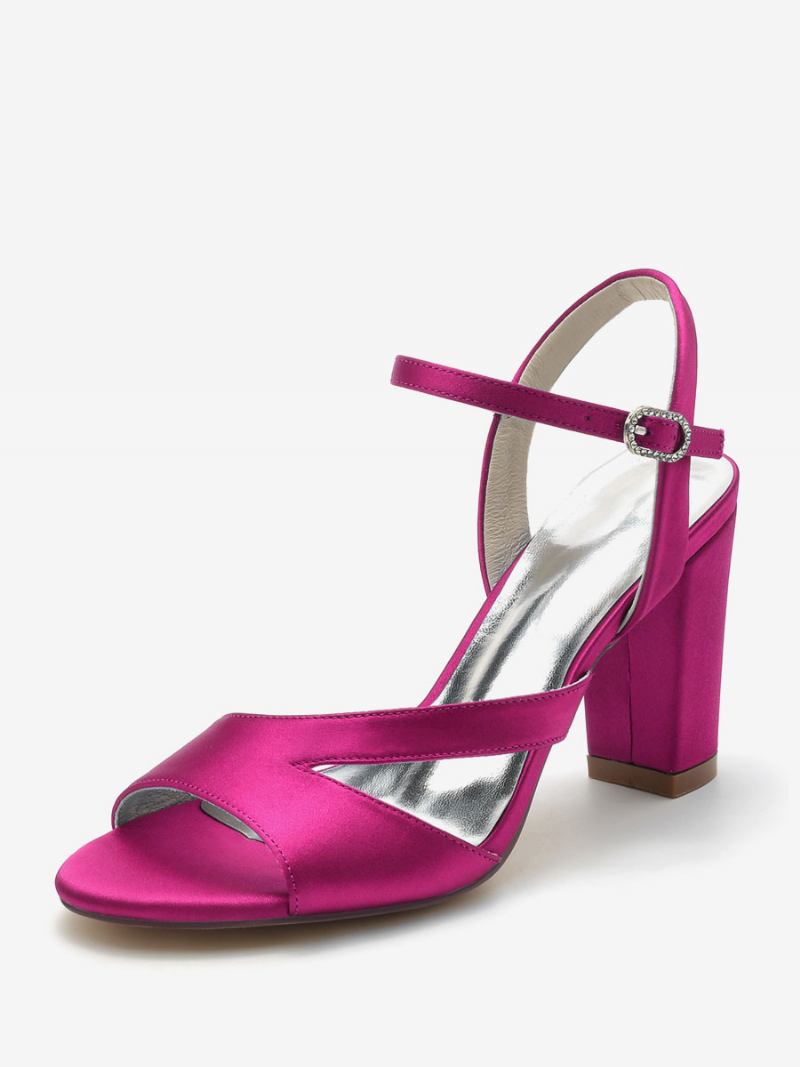 Sapatos Noiva Femininos Cetim Azul Profundo Peep Toe Com Salto Grosso - Rosa