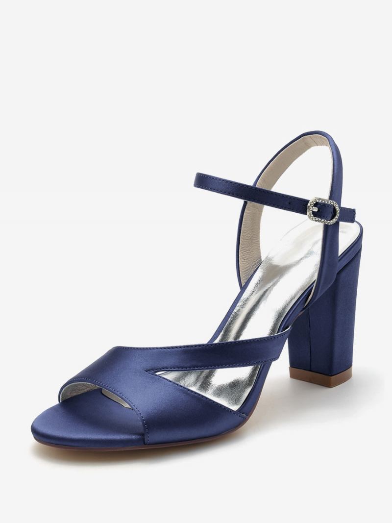 Sapatos Noiva Femininos Cetim Azul Profundo Peep Toe Com Salto Grosso - Azul Profundo