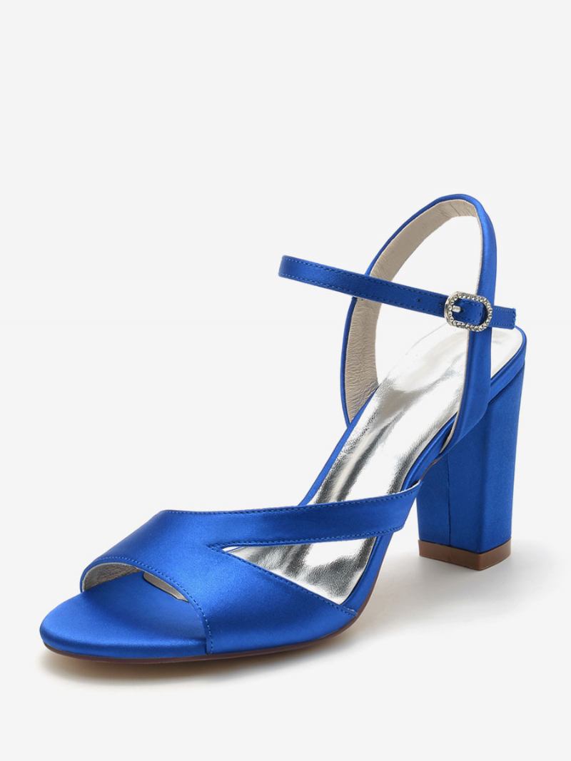 Sapatos Noiva Femininos Cetim Azul Profundo Peep Toe Com Salto Grosso - Azul Royal