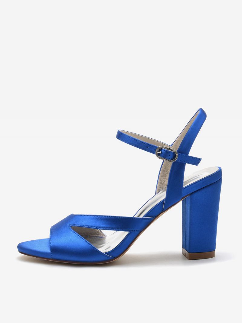 Sapatos Noiva Femininos Cetim Azul Profundo Peep Toe Com Salto Grosso - Azul Royal