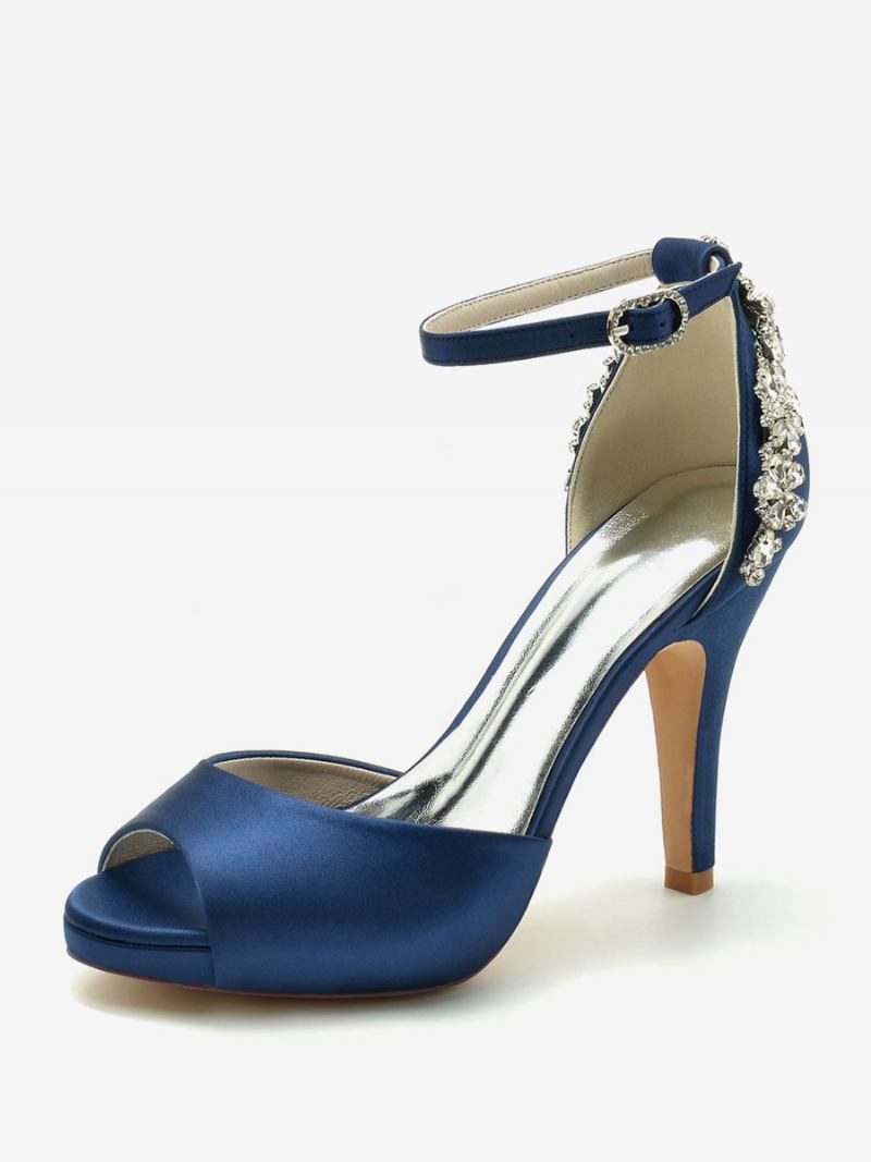 Sapatos Noiva Femininos Cetim Azul Profundo Peep Toe Strass Salto Grosso - Azul Profundo