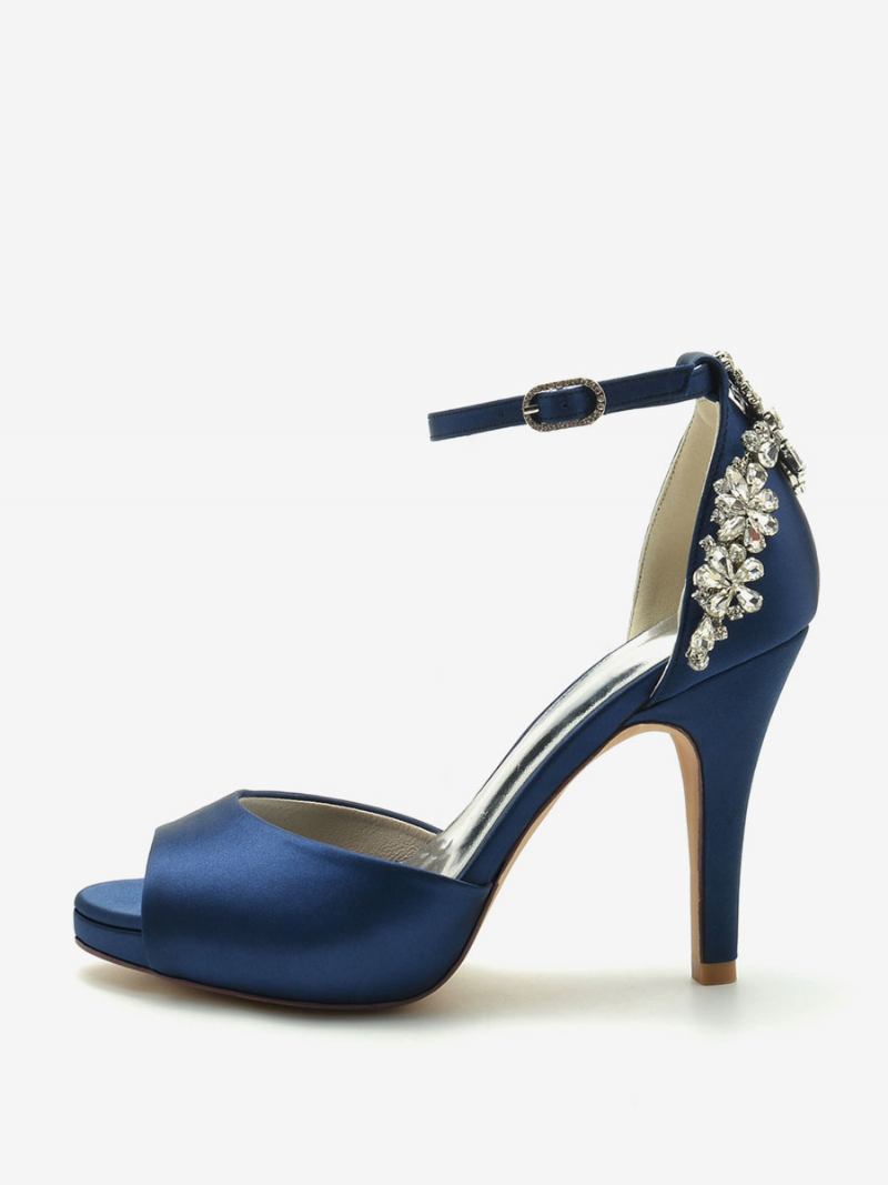 Sapatos Noiva Femininos Cetim Azul Profundo Peep Toe Strass Salto Grosso - Azul Profundo