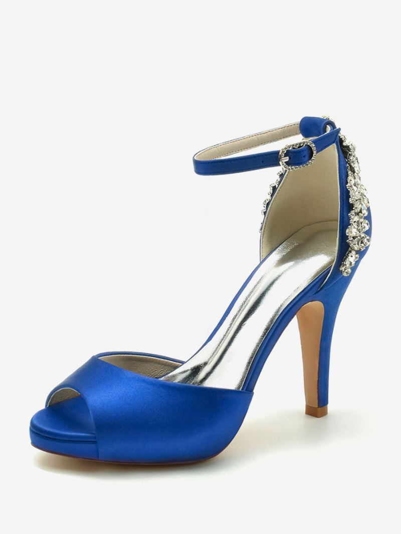 Sapatos Noiva Femininos Cetim Azul Profundo Peep Toe Strass Salto Grosso - Azul Royal