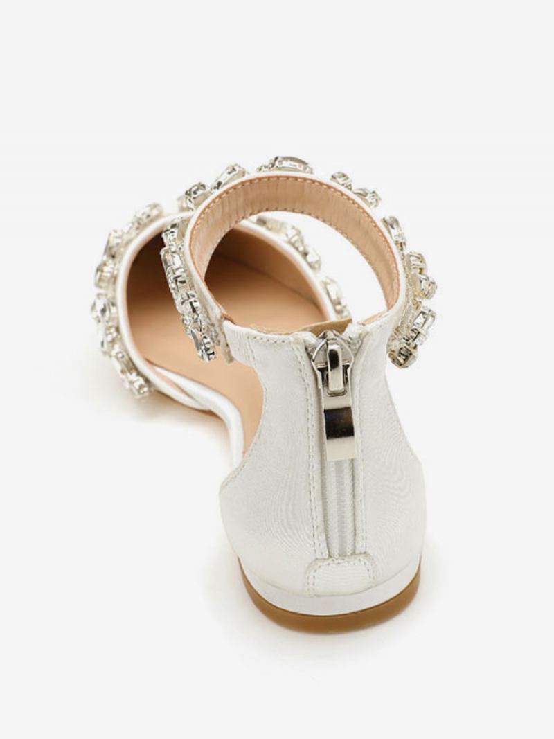 Sapatos Noiva Femininos Cetim Branco Bico Fino Strass Planos - Branco