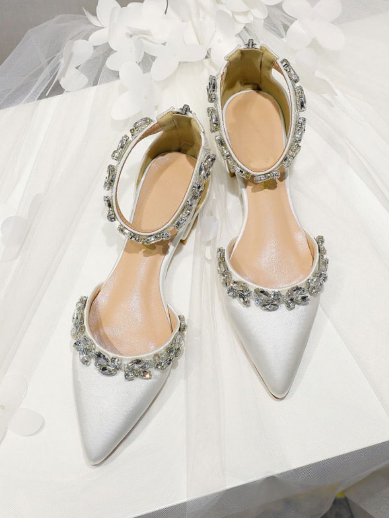 Sapatos Noiva Femininos Cetim Branco Bico Fino Strass Planos - Branco