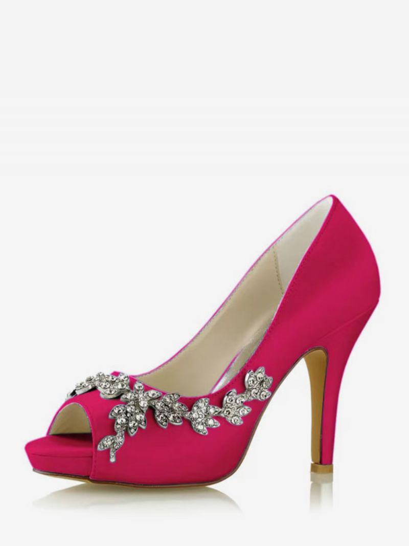 Sapatos Noiva Femininos Cetim Branco Peep Toe Strass Salto Grosso - Rosa