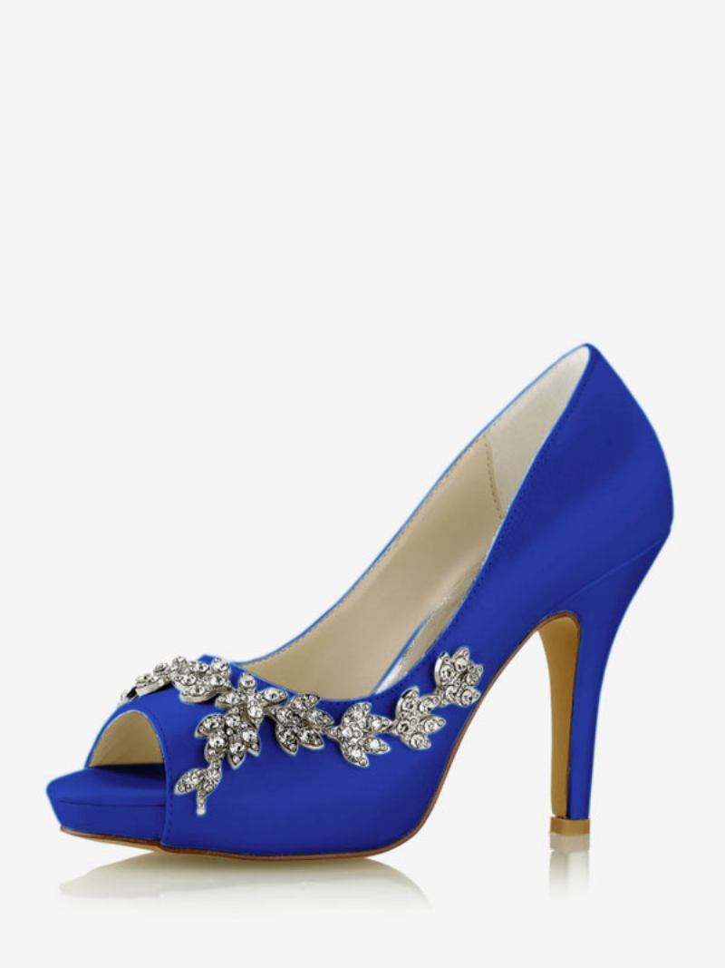 Sapatos Noiva Femininos Cetim Branco Peep Toe Strass Salto Grosso - Azul Royal