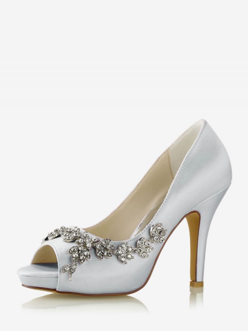 Sapatos Noiva Femininos Cetim Branco Peep Toe Strass Salto Grosso - Prata