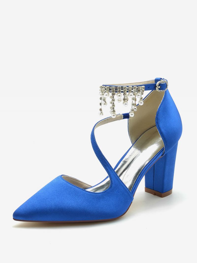 Sapatos Noiva Femininos Cetim Champanhe Bico Fino Pérolas Salto Grosso - Azul Royal