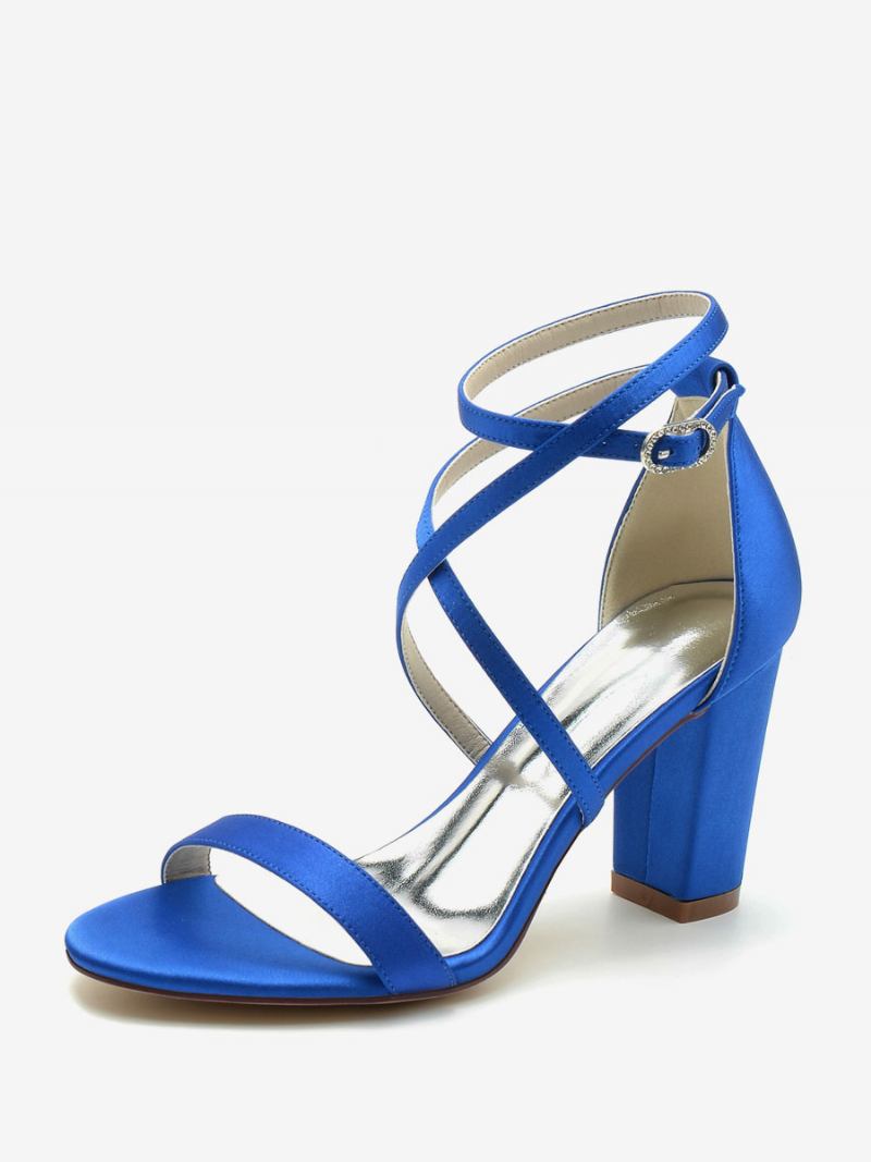 Sapatos Noiva Femininos Cetim Champanhe Com Bico Aberto E Salto Grosso - Azul Royal