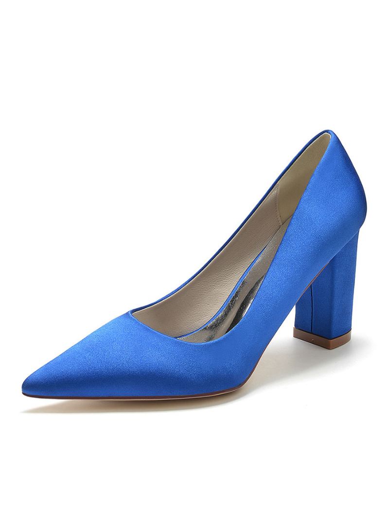 Sapatos Noiva Femininos Cetim Com Bico Fino E Salto Grosso - Azul Royal