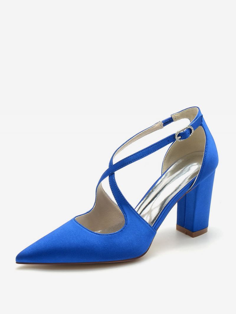 Sapatos Noiva Femininos Cetim Com Bico Fino E Salto Grosso - Azul Royal