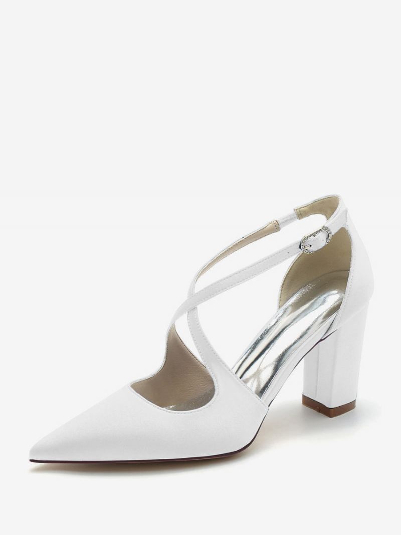 Sapatos Noiva Femininos Cetim Com Bico Fino E Salto Grosso - Branco