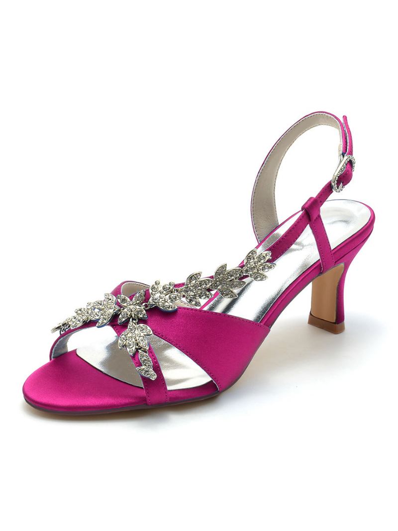 Sapatos Noiva Femininos Cetim Com Strass Bico Aberto Salto Gatinho Casamento - Rosa