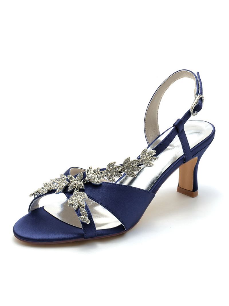 Sapatos Noiva Femininos Cetim Com Strass Bico Aberto Salto Gatinho Casamento - Azul Profundo