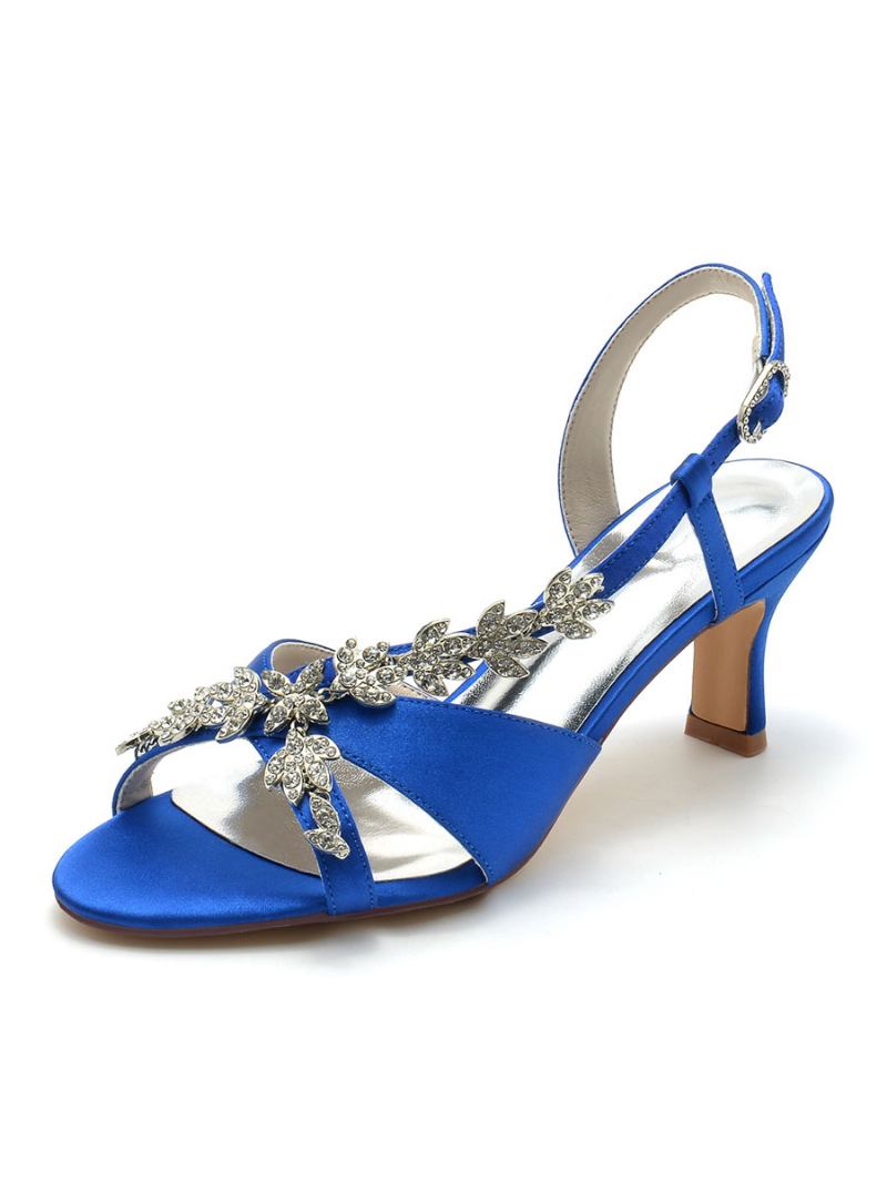 Sapatos Noiva Femininos Cetim Com Strass Bico Aberto Salto Gatinho Casamento - Azul Royal