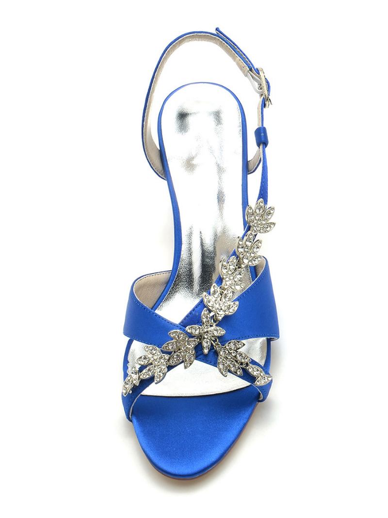 Sapatos Noiva Femininos Cetim Com Strass Bico Aberto Salto Gatinho Casamento - Azul Royal