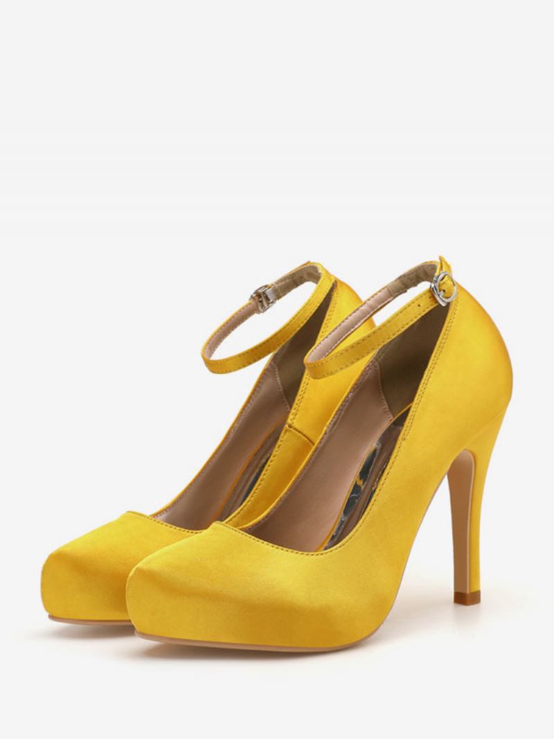 Sapatos Noiva Femininos Cetim Prateado Bico Redondo Salto Cálice - Amarelo