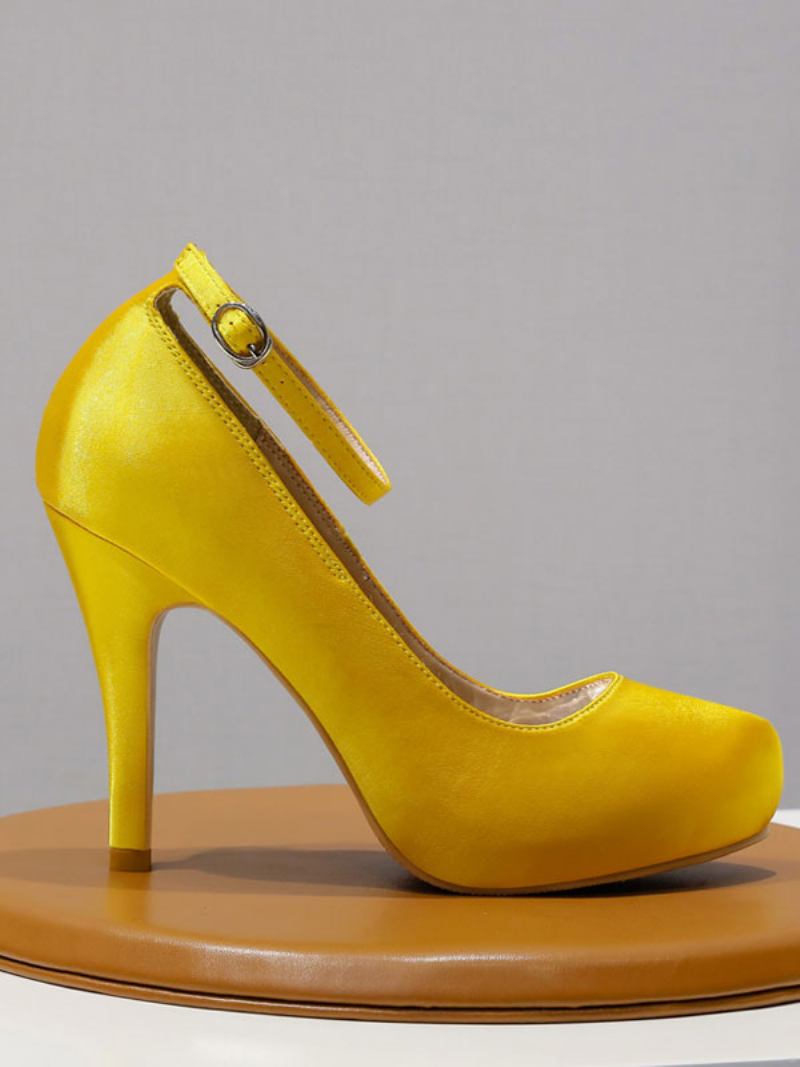 Sapatos Noiva Femininos Cetim Prateado Bico Redondo Salto Cálice - Amarelo