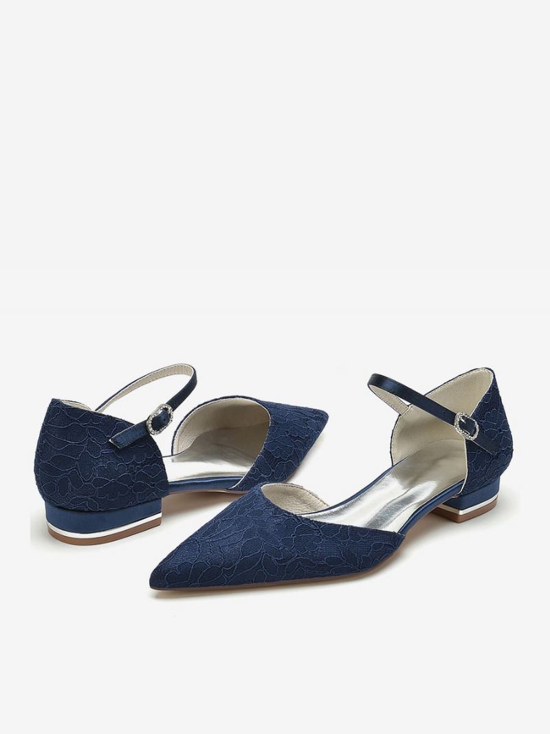 Sapatos Noiva Femininos Com Bico Fino Bordado - Azul Profundo