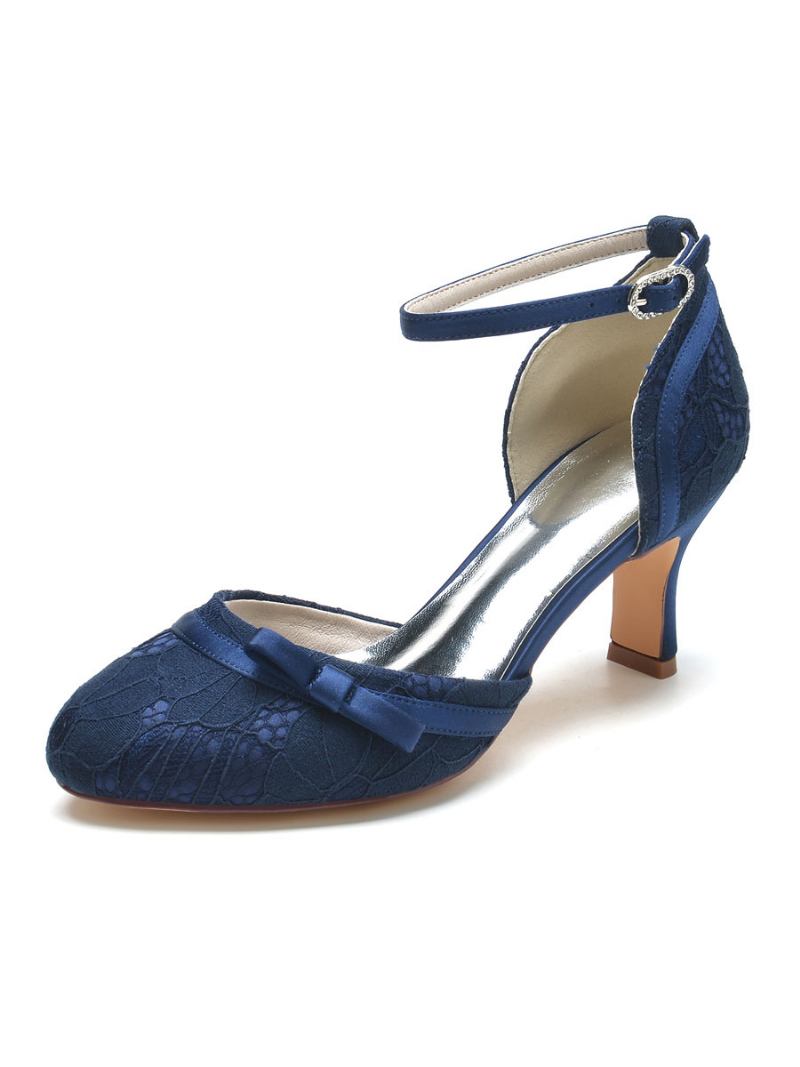 Sapatos Noiva Femininos Com Bico Redondo E Salto Grosso - Azul Profundo