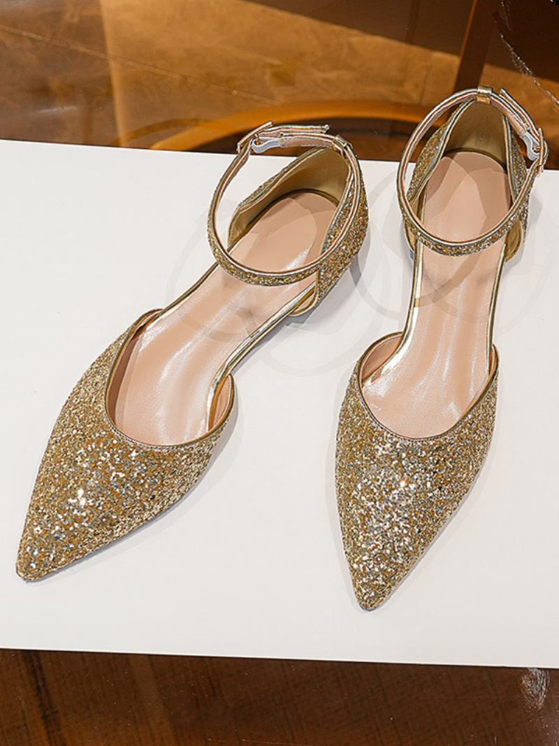 Sapatos Noiva Femininos Com Glitter Prateado Bico Fino Baixos Para Festa Casamento - Ouro