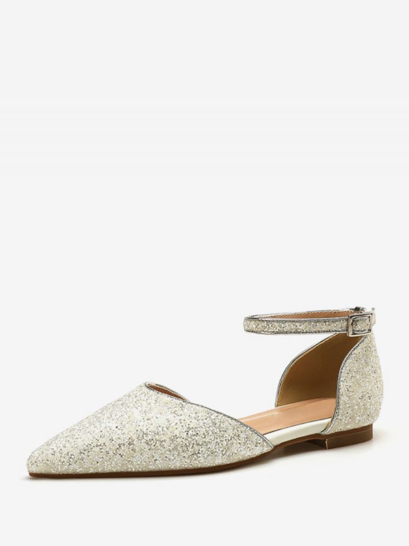 Sapatos Noiva Femininos Com Glitter Prateado Bico Fino Baixos Para Festa Casamento - Branco